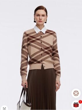 Beige and Brown Plaid Button-Front Cardigan Sweater